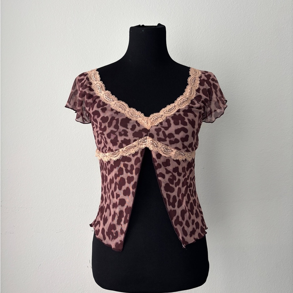 Sheer Leopard Print Lace Trim Top in Mauve and Beige